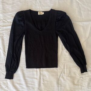 Nation LTD Black V-Neck Smocked Top with Puff Sleeves
